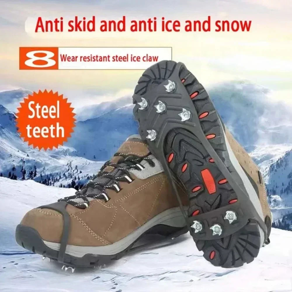 Hiking boots with The Adirondack Tool Co.'s microspikes on a snowy background