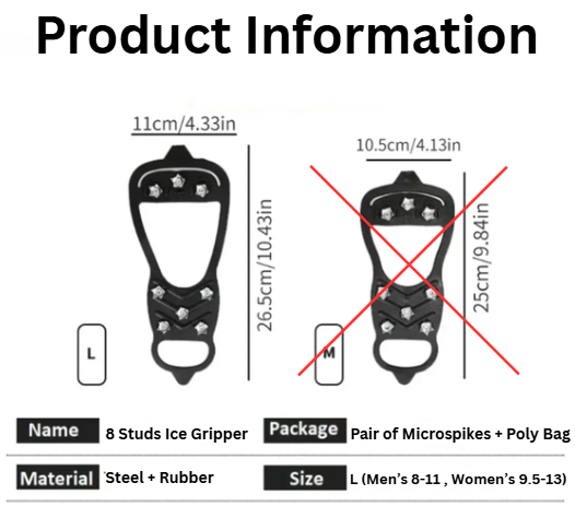 Product information chart for 8 studs ice gripper with dimensions, sizing guide, and packaging details.