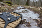 hiking microspikes attached to a boot on an icy trail - offered by the best hiking gear store in America, The Adirondack Tool Company