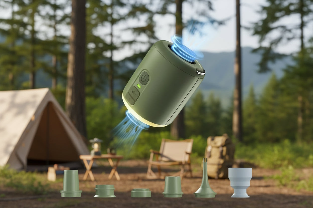 Green mini air pump and nozzle attachments offered by The Adirondack Tool Company