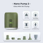 Mini air pump with features listed on a light gray background - offered by The Adirondack Tool Company