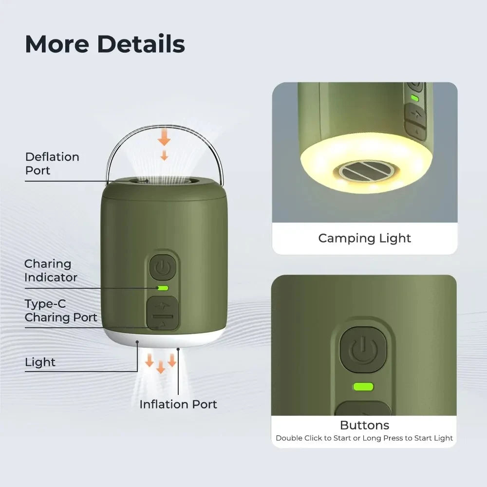 Green mini air pump and flashlight offered by The Adirondack Tool Company