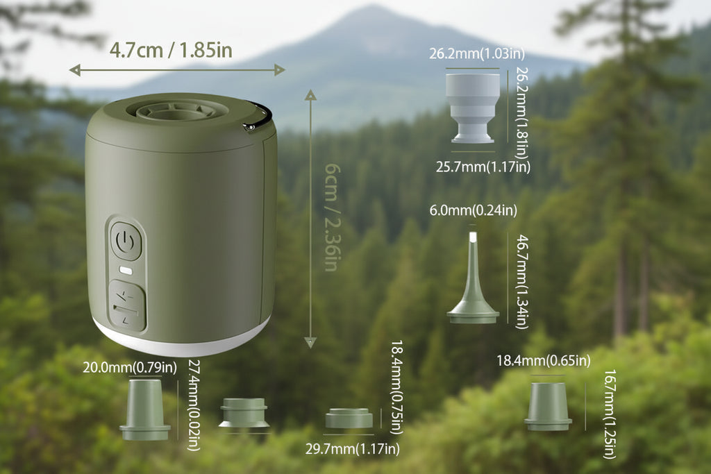Green mini air pump with nozzle attachments and size dimensions - offered by the best hiking gear store in the northeast, the Adirondack Tool Co.