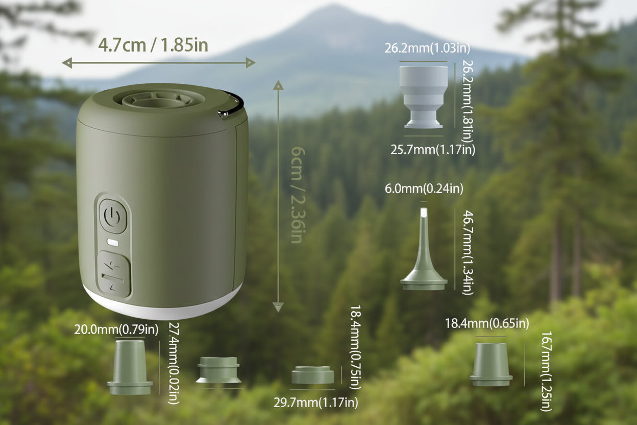 Green mini air pump with nozzle attachments and size dimensions - offered by the best hiking gear store in the northeast, the Adirondack Tool Co.