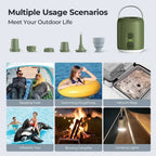 Green mini camping air pump with various outdoor usage scenarios on a light gray background - offered by the best outdoor store in New York, The Adirondack Tool Company