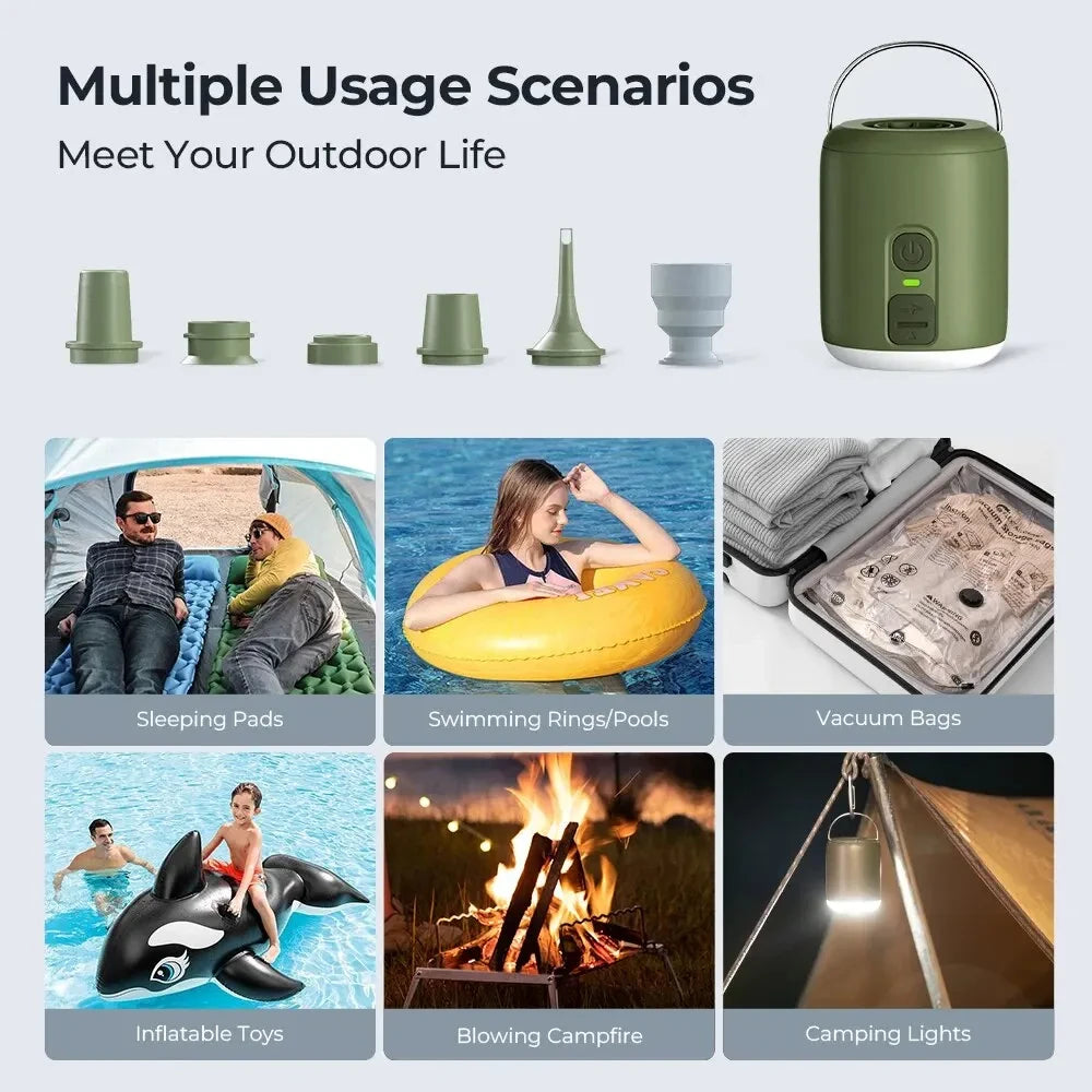 Green mini camping air pump with various outdoor usage scenarios on a light gray background - offered by the best outdoor store in New York, The Adirondack Tool Company