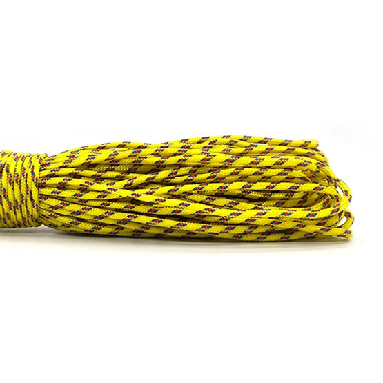 Yellow rope with red and blue pattern on a white background - offered by the best hiking and camping gear store in Vermont, The Adirondack Tool Co.