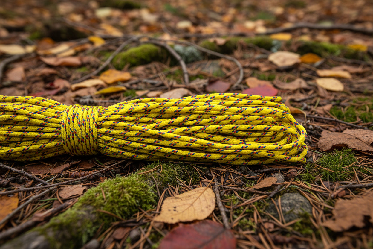 Yellow 2mm paracord rope with red and blue accents - offered by the best hiking and camping gear store in Vermont, The Adirondack Tool Co.