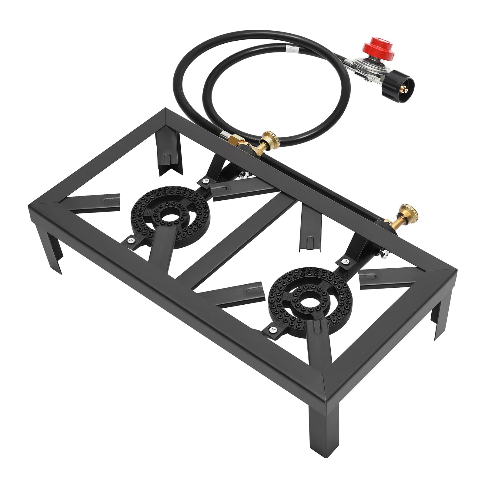 Portable gas stove with two burners and a hose on a white background