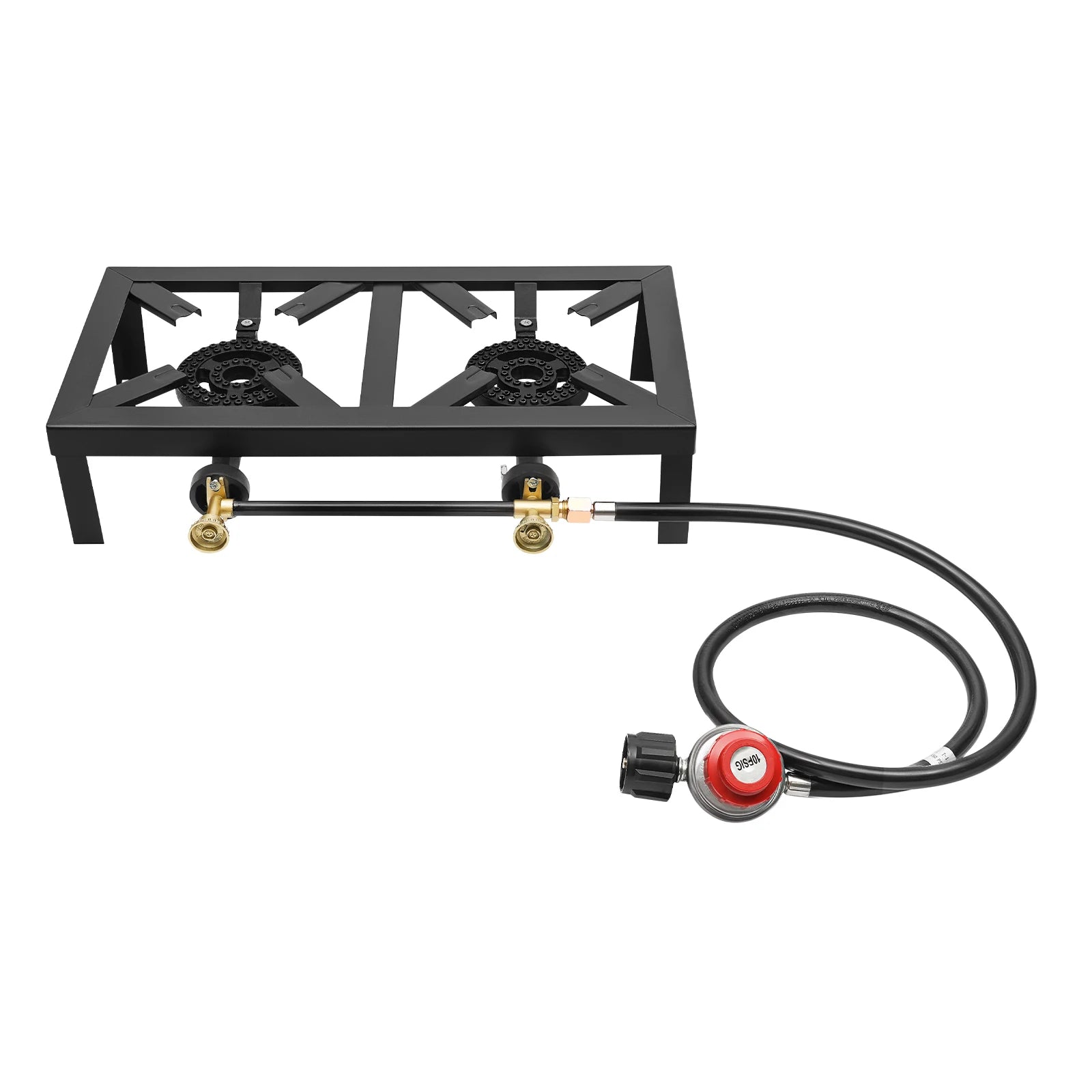 Portable gas stove with two burners and a hose on a white background. Offered by The Adirondack Tool Co.