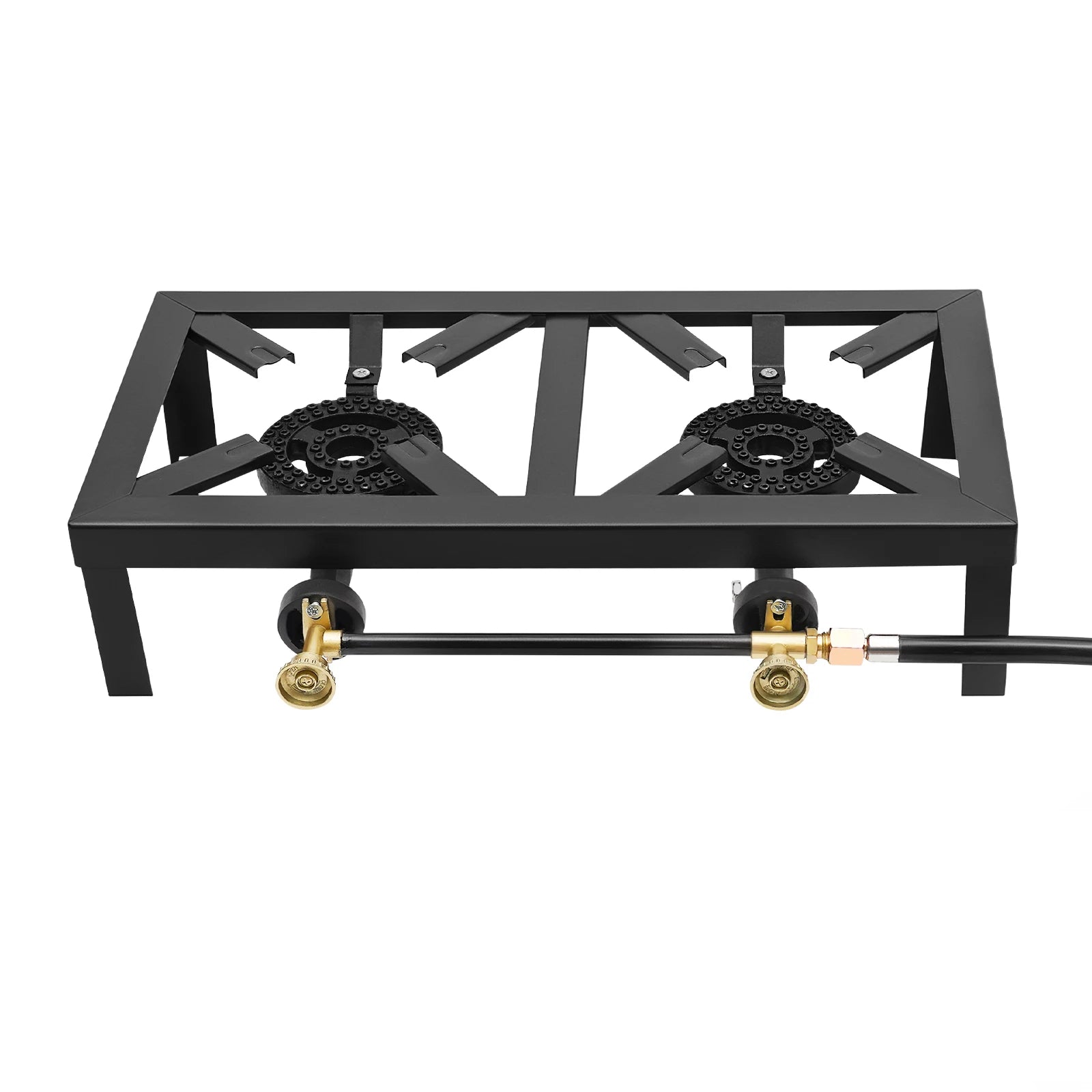 Black portable gas stove with two burners on a white background. Offered by The Adirondack Tool Co.