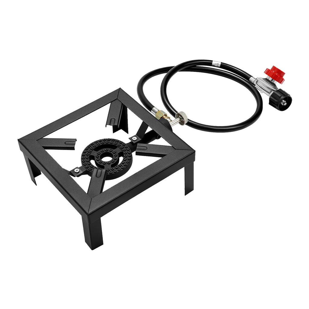 Single black portable gas stove with hose on a white background. Offered by The Adirondack Tool Co.