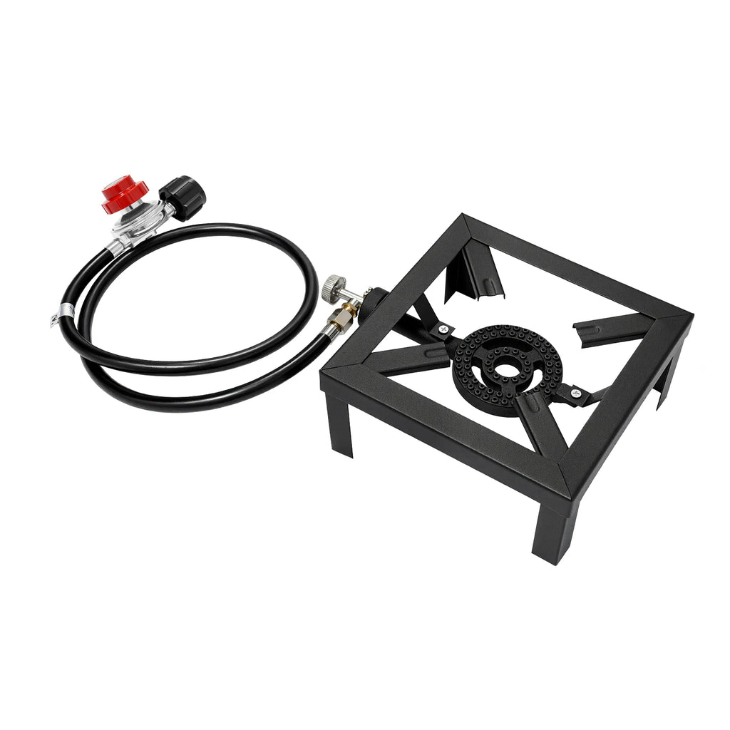 Portable gas stove with a hose on a white background. Offered by The Adirondack Tool Co.
