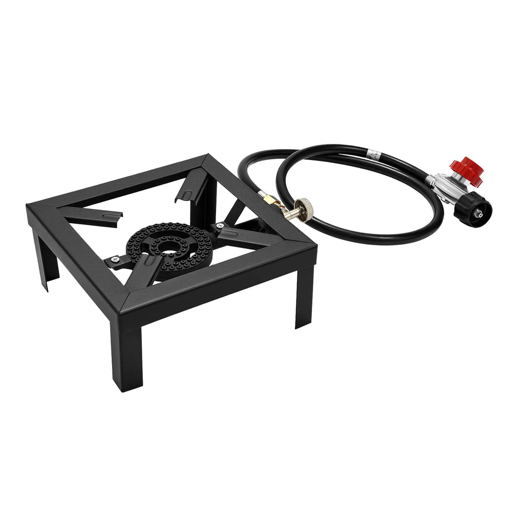 Black portable stove with hose on a white background. Offered by The Adirondack Tool Co.