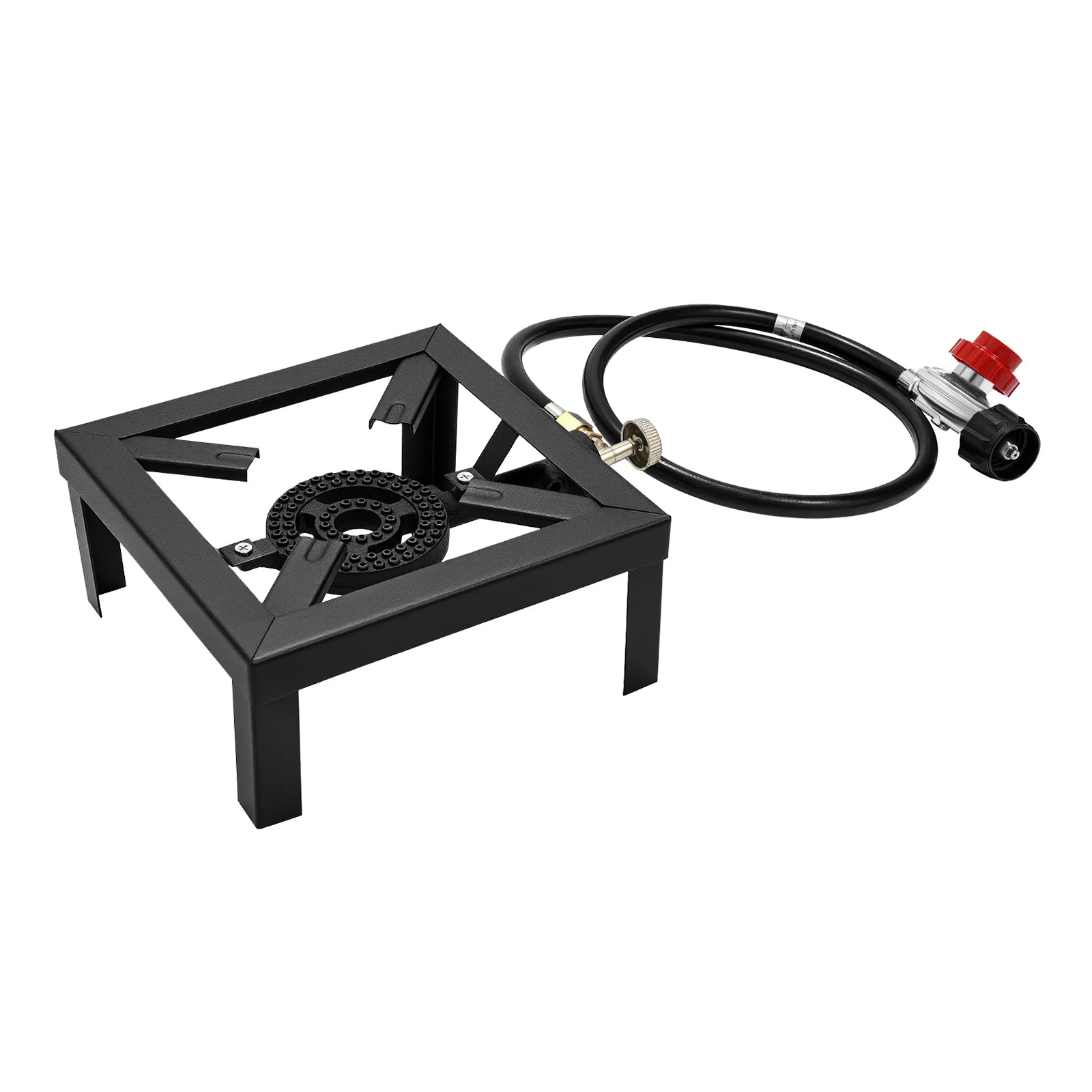 Black portable stove with hose on a white background. Offered by The Adirondack Tool Co.