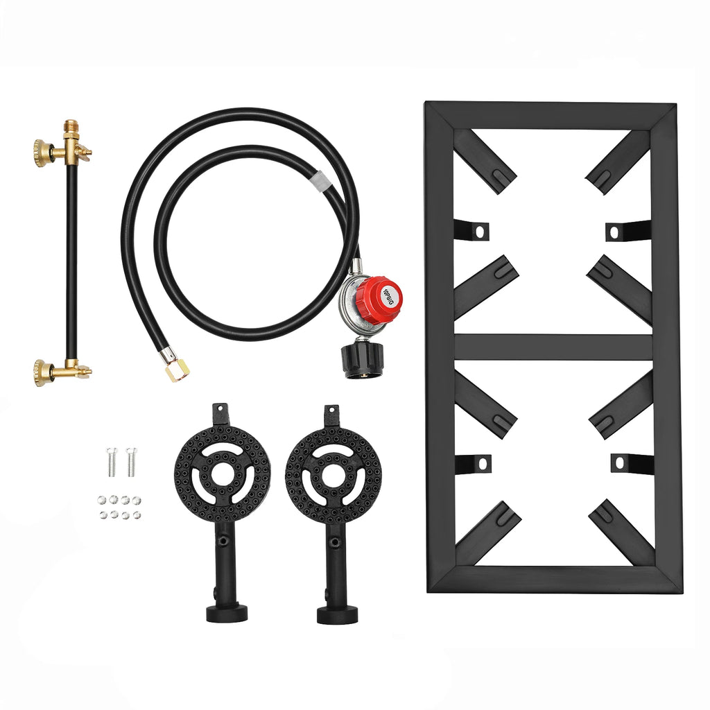 Set of outdoor cooking equipment including a burner, hose, and control valve on a white background. Offered by The Adirondack Tool Co.