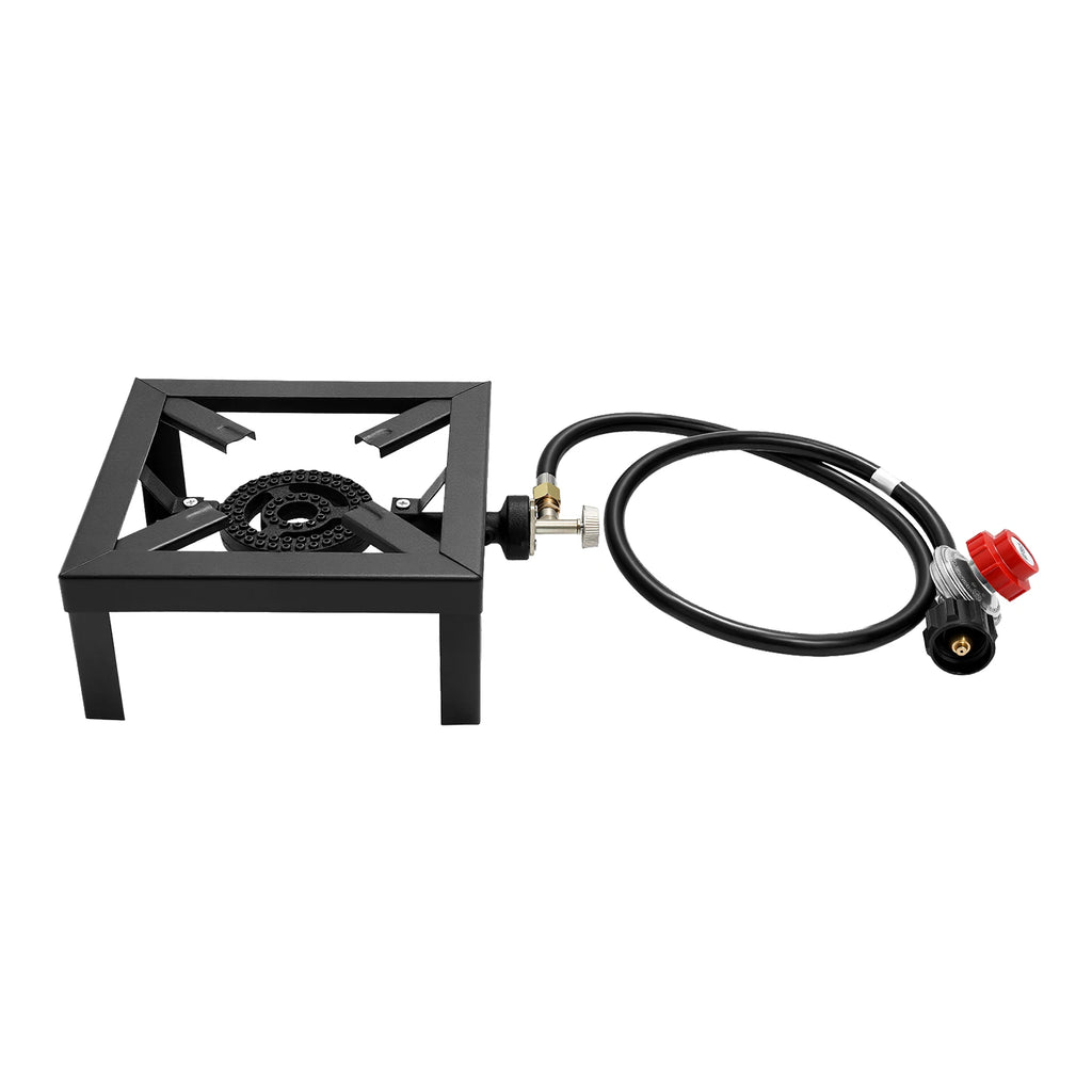 Portable gas stove with hose on a white background. Offered by The Adirondack Tool Co.