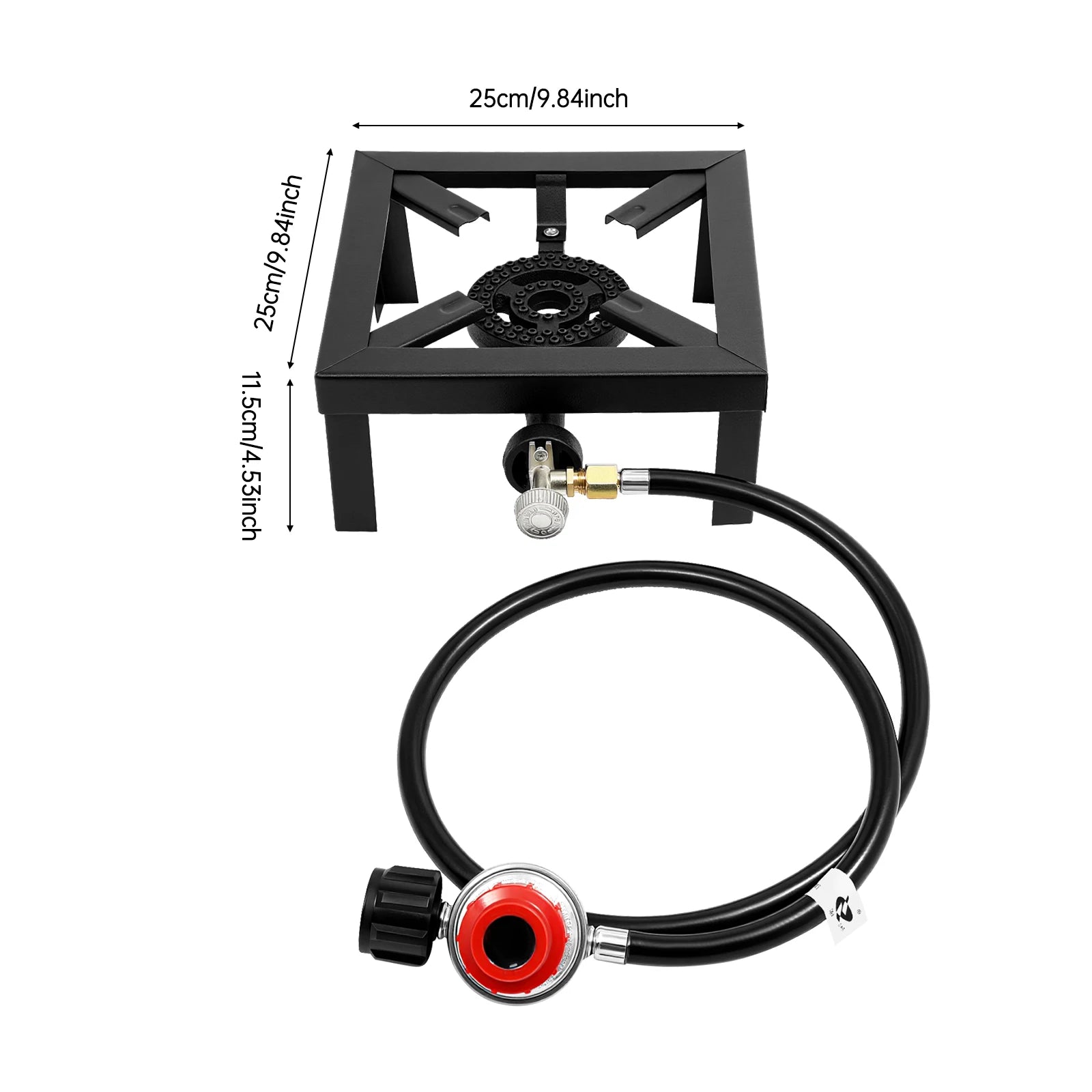 Black portable gas stove with hose and regulator, showing dimensions on a white background. Offered by The Adirondack Tool Co.