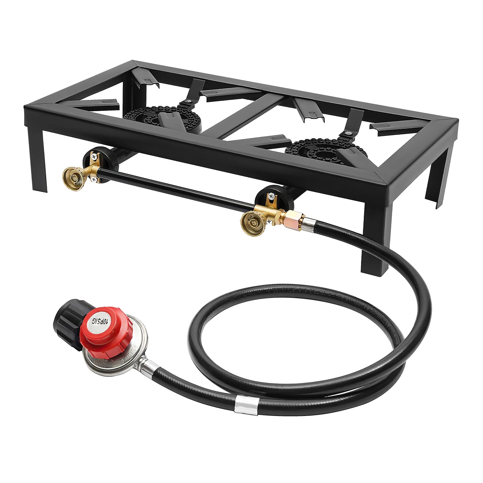 Portable gas stove with hose and regulator on a white background. Offered by The Adirondack Tool Company