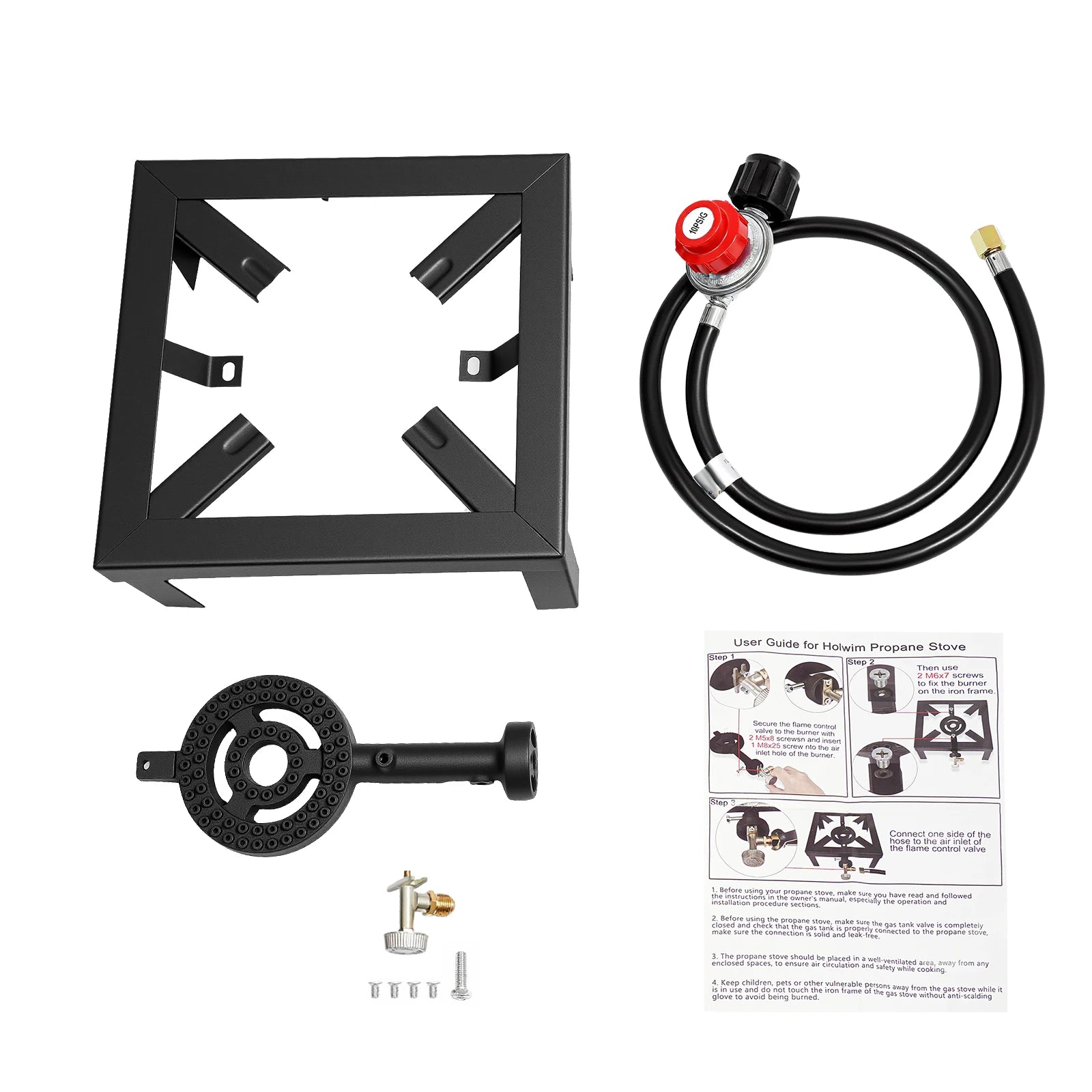 Portable gas stove parts showing burner, valve, hose, and instructions guide. Offered by The Adirondack Tool Co.