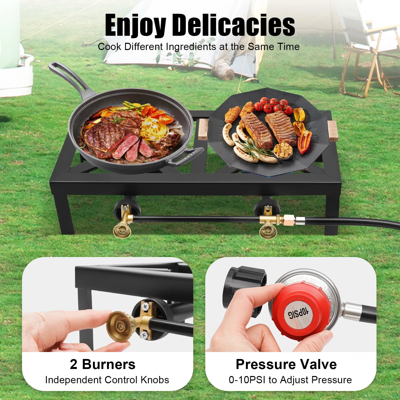 Portable gas stove with two burners cooking food outdoors - offered by The Adirondack Tool Co.