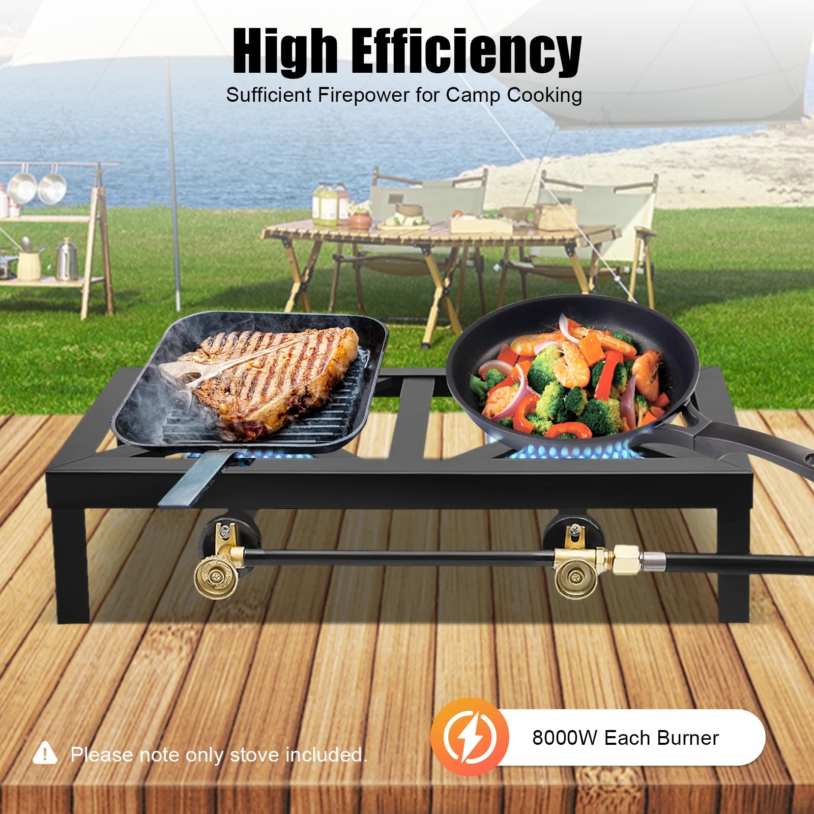 Portable gas stove with two burners cooking food on a wooden deck with a scenic background. Offered by The Adirondack Tool Co. 