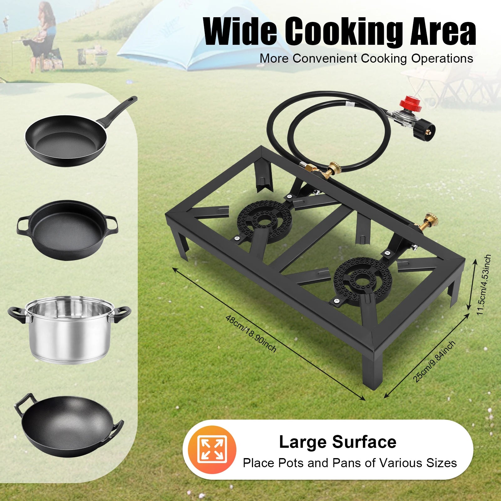 Portable gas stove with cooking pots and pans on a grassy background. Offered by The Adirondack Tool Co.