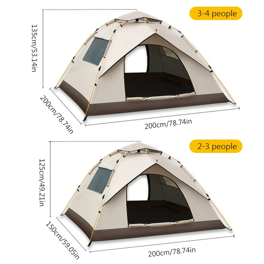 Two pop-up camping tents with dimensions and capacity labels on a white background