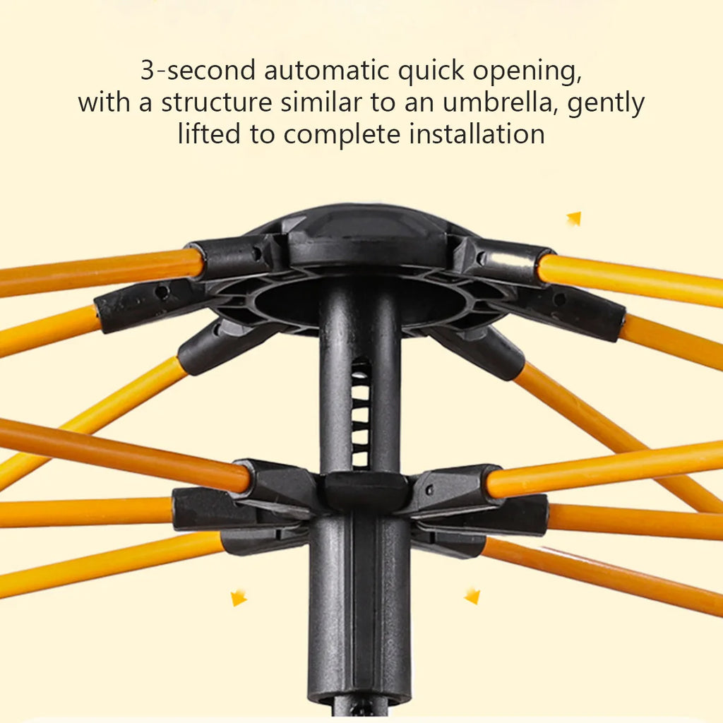 Black and orange umbrella-like tent structure with text on a beige background