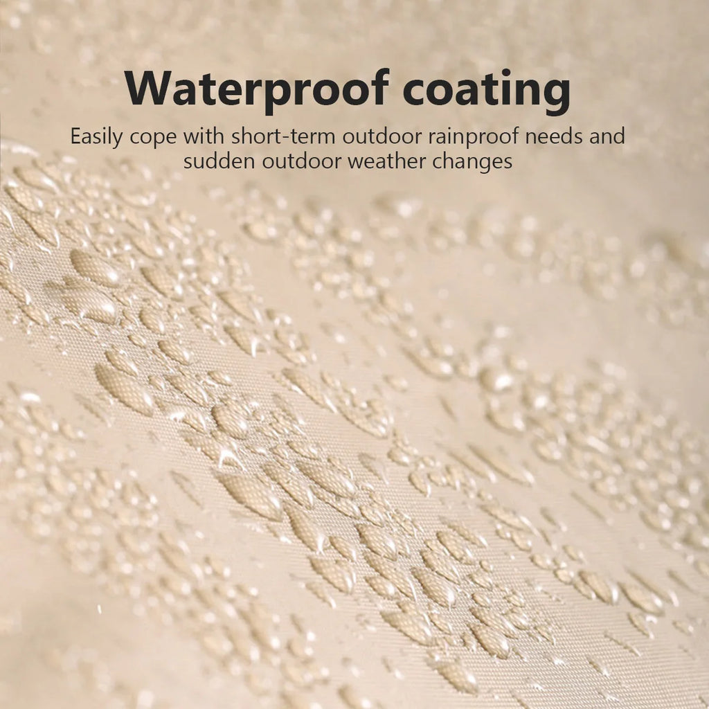 The Adirondack Tool Co.'s pop-up tent surface with water droplets and text about waterproof coating.