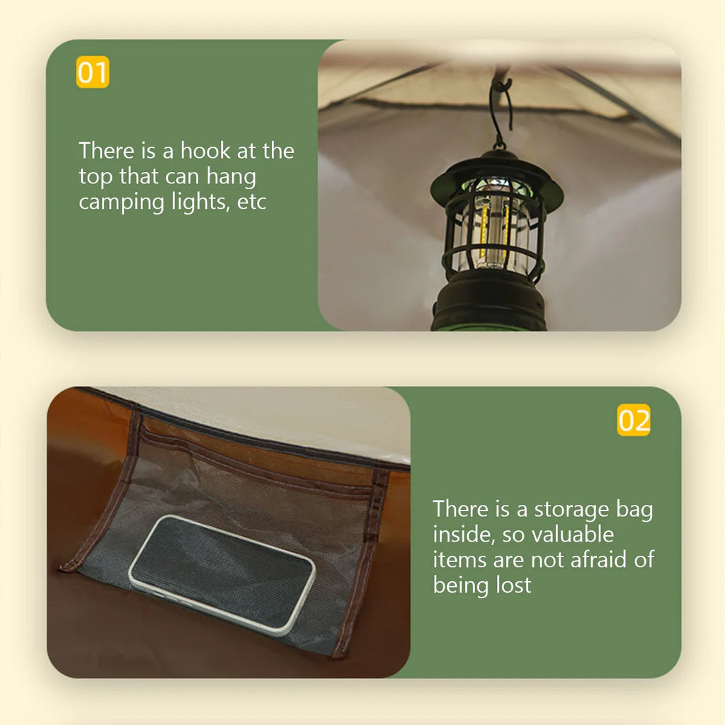 Hanging hook and storage bag features included in the Adirondack Tool Co.'s pop-up camping tent