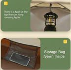 Hanging hook and storage bag features included in the Adirondack Tool Co.'s pop-up camping tent