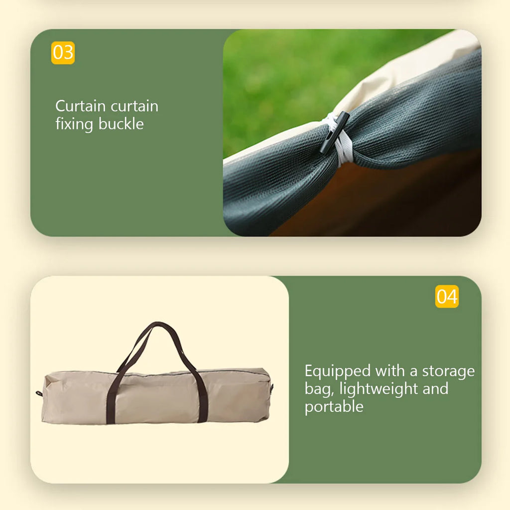 Features and accessories included with The Adirondack Tool Co.'s pop-up camping tent.