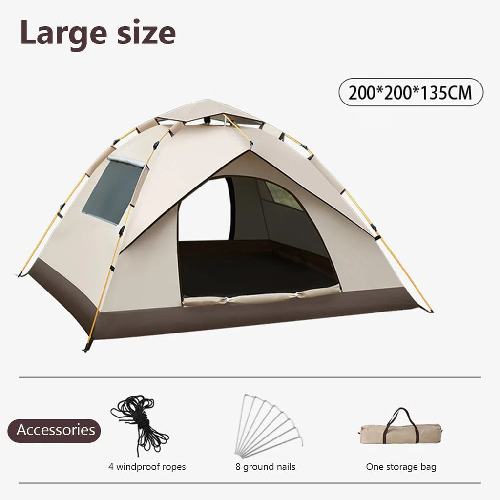 The Adirondack Tool Co.'s Pop-Up Camping Tent fully deployed in size large with description of the included items