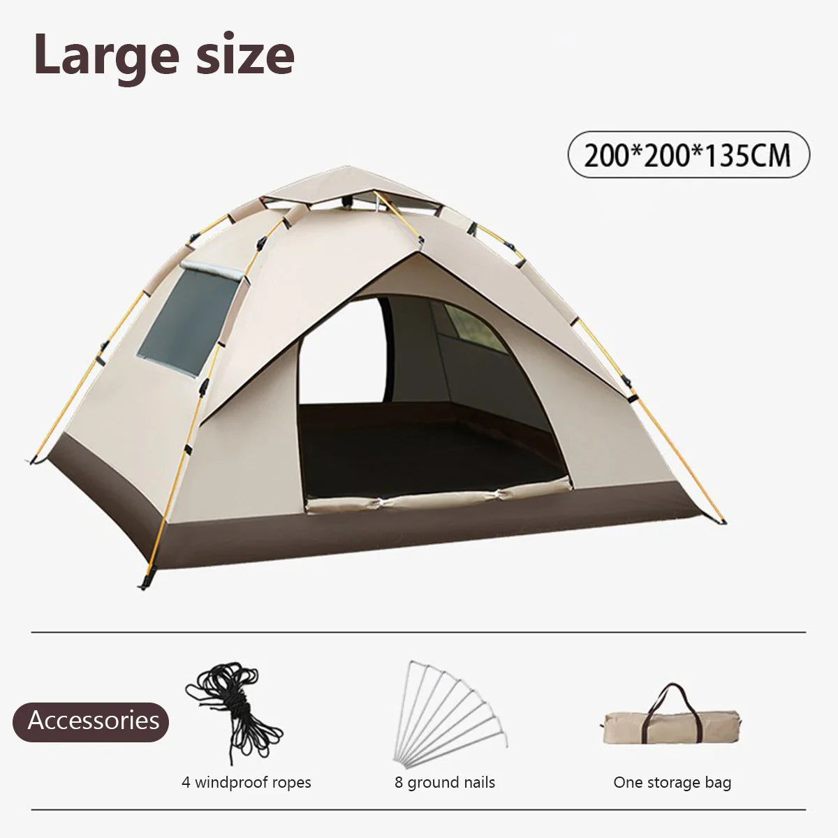 The Adirondack Tool Co.'s Pop-Up Camping Tent fully deployed in size large with description of the included items
