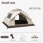 The Adirondack Tool Co.'s Pop-Up Camping Tent fully deployed with size metrics and description of items included in the package