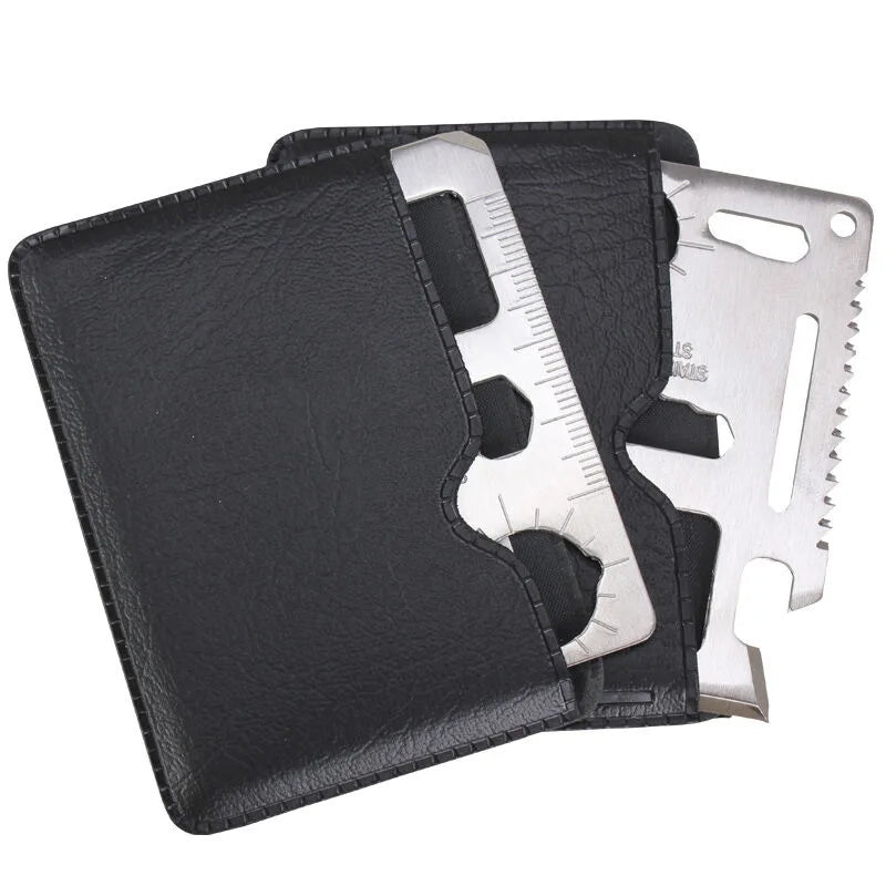 Card-sized stainless steel multi-tool with black synthetic leather case on a white background