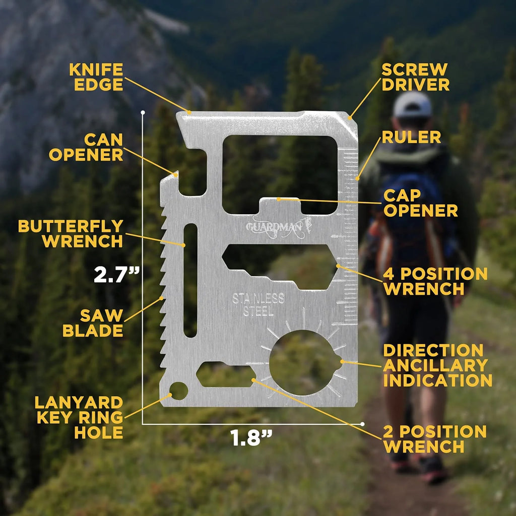 Multitool card with various tools labeled, set against a forest background.