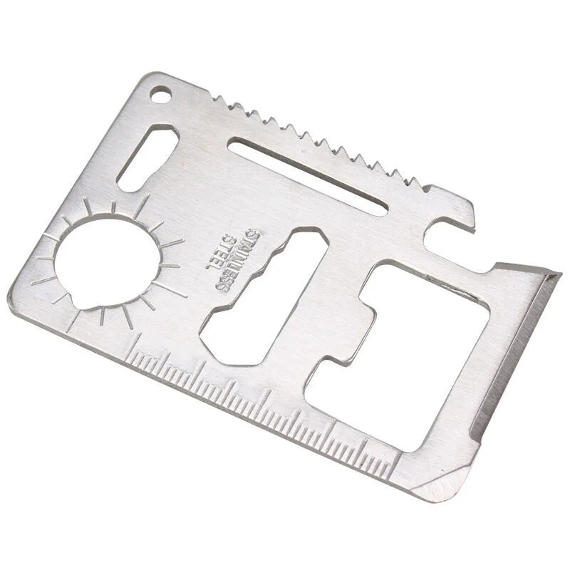 Stainless steel multitool card with various tools on a white background