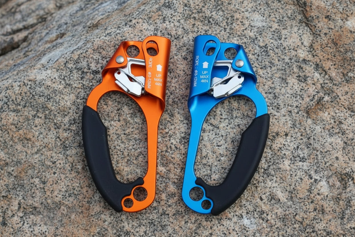 Two rock climbing ascenders, one orange and one blue, on a white background - offered by the best climbing gear store in New York, The Adirondack Tool Co.
