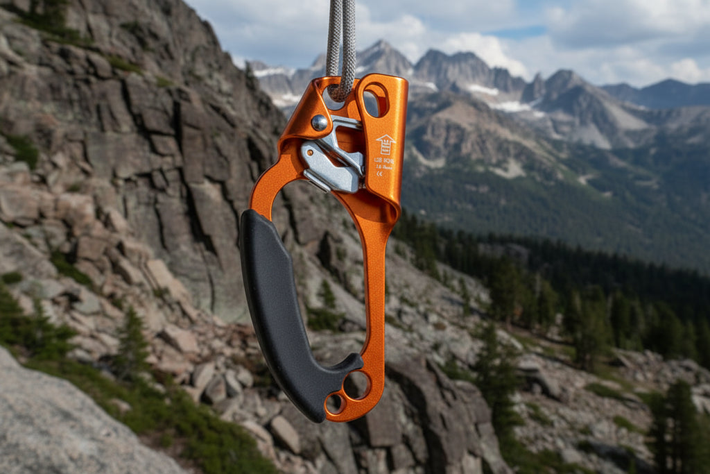 Orange rock climbing ascender with black handle on a white background - offered by the best climbing gear store in the northeast, The Adirondack Tool Co.