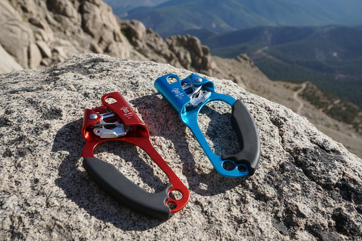 Two rock climbing ascenders, one red and one blue, on a white background - offered by the best climbing gear store in New York, The Adirondack Tool Co.