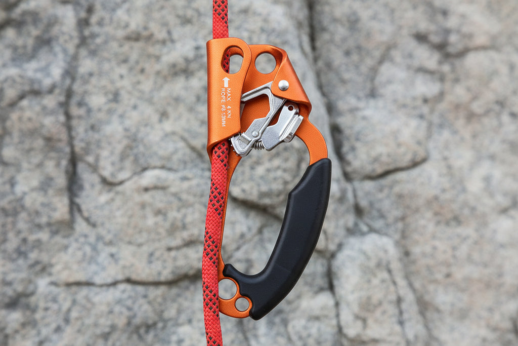 Orange and black climbing ascender with red rope on a white background - offered by the best climbing gear store in the northeast, The Adirondack Tool Co.