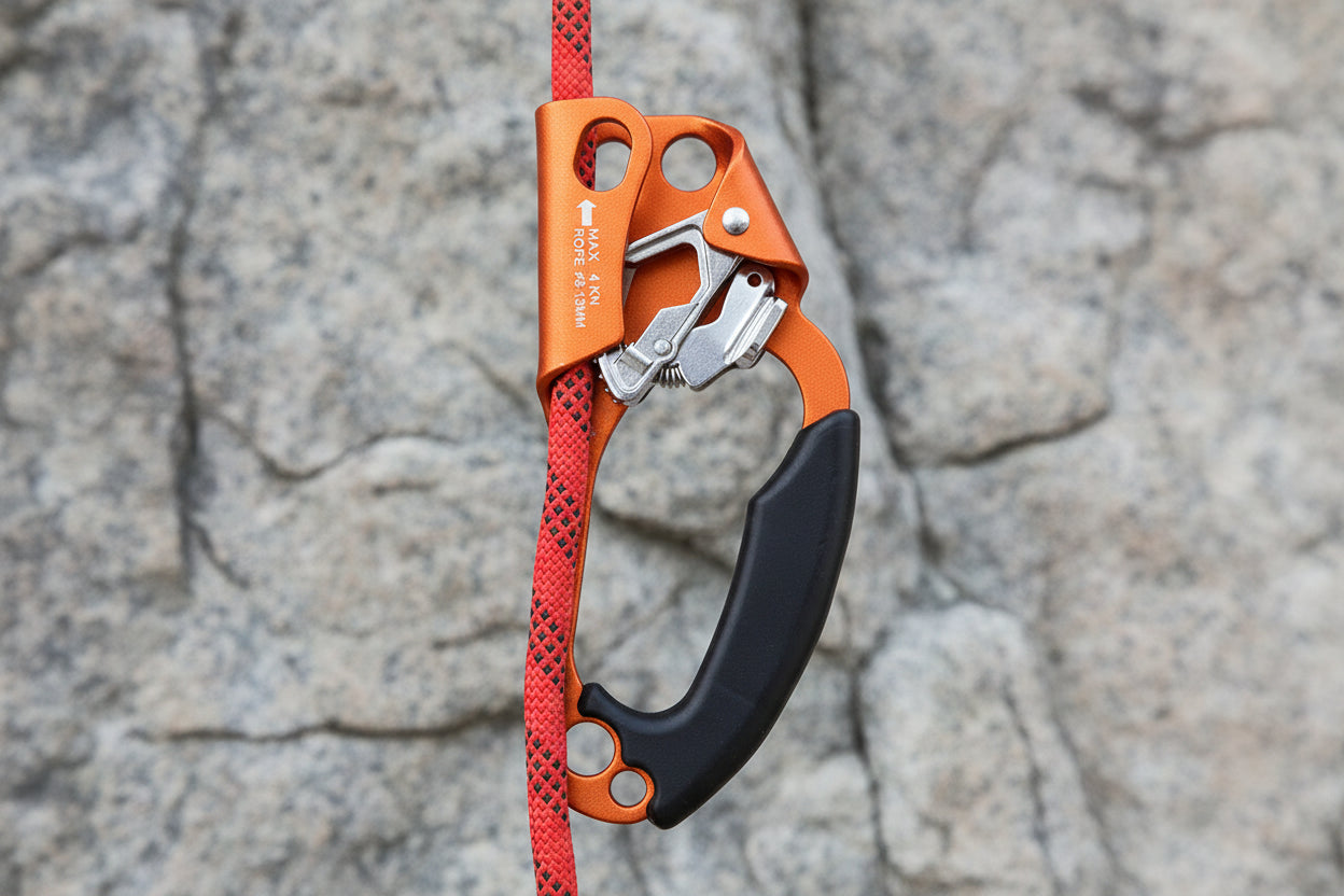 Orange and black climbing ascender with red rope on a white background - offered by the best climbing gear store in the northeast, The Adirondack Tool Co.