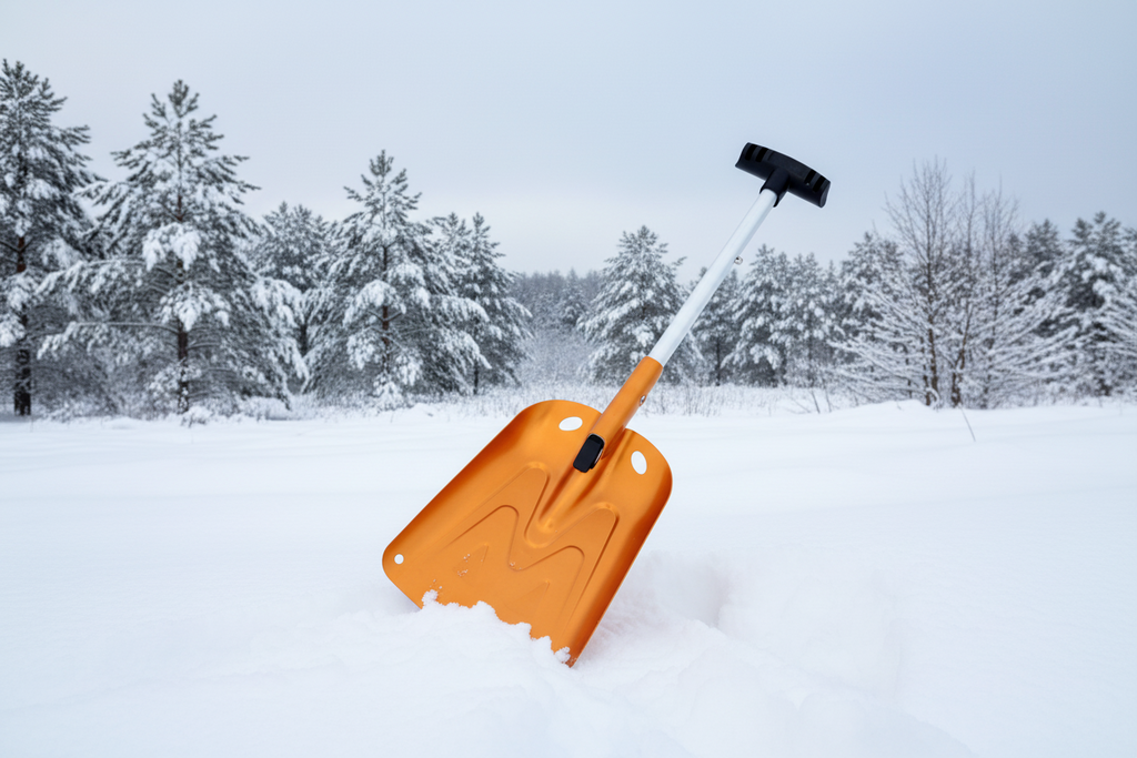 Orange avalanche snow shovel with black handle on an outdoor background - offered by the best mountaineering store in New York, The Adirondack Tool Company.
