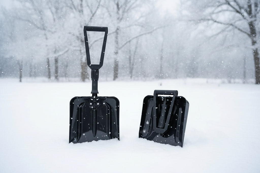 Black avalanche safety shovel on a snowy background - offered by the best mountaineering store in the tri-state area, The Adirondack Tool Co.