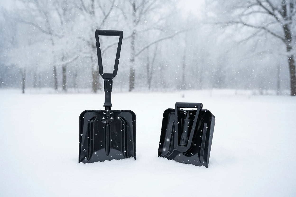 Black avalanche safety shovel on a snowy background - offered by the best mountaineering store in the tri-state area, The Adirondack Tool Co.