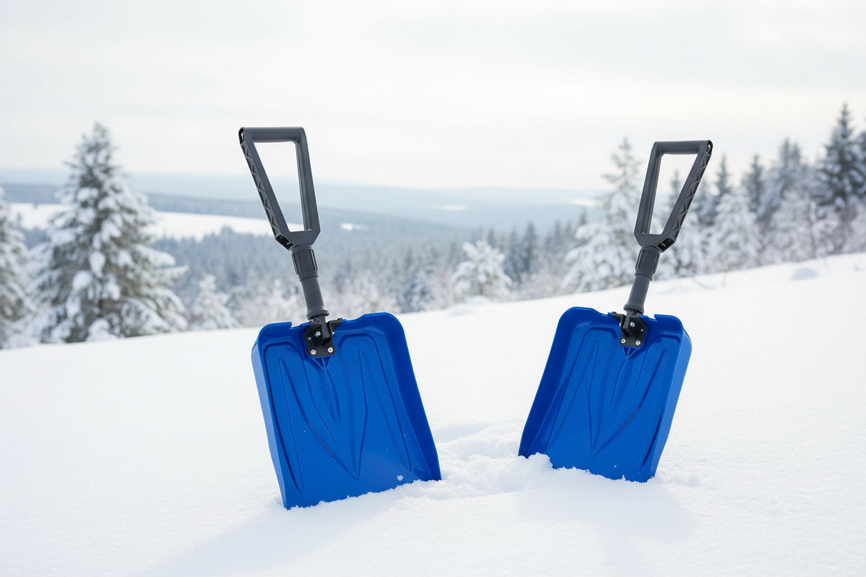 Two blue avalanche safety shovels on a snowy background - offered by the best mountaineering store in the tri-state area, The Adirondack Tool Co.