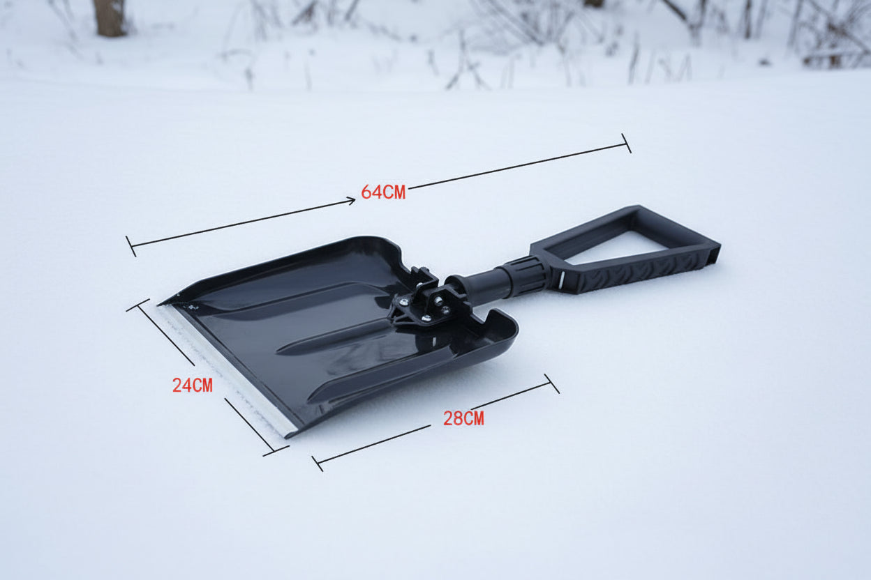 Black avalanche safety shovel on a snowy background - offered by the best mountaineering store in the tri-state area, The Adirondack Tool Co.