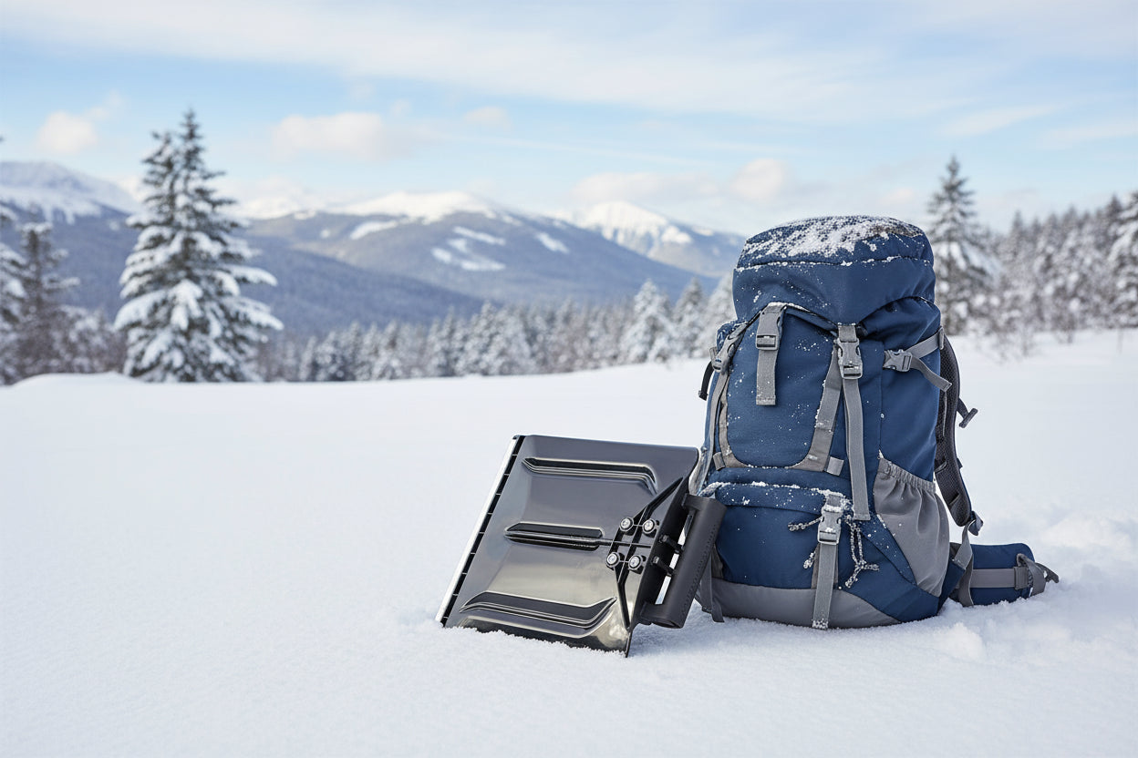 Black avalanche safety shovel with a backpack on a snowy background - offered by the best mountaineering store in the tri-state area, The Adirondack Tool Co.